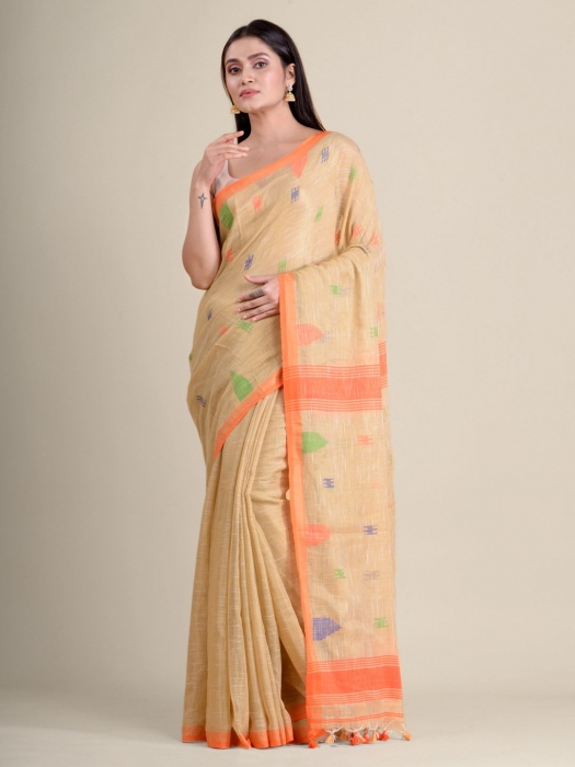 Beige soft Cotton handwoven saree with allover buti 0