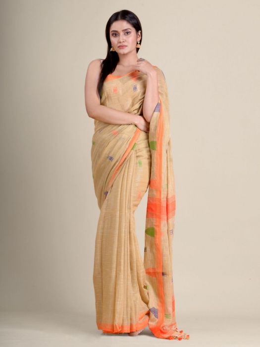 Beige soft Cotton handwoven saree with allover buti