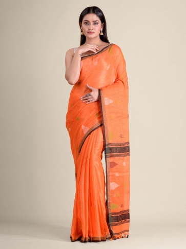 Orange soft Cotton handwoven saree with allover buti