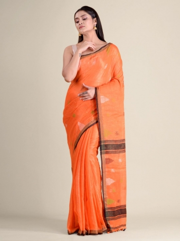 Orange soft Cotton handwoven saree with allover buti 0
