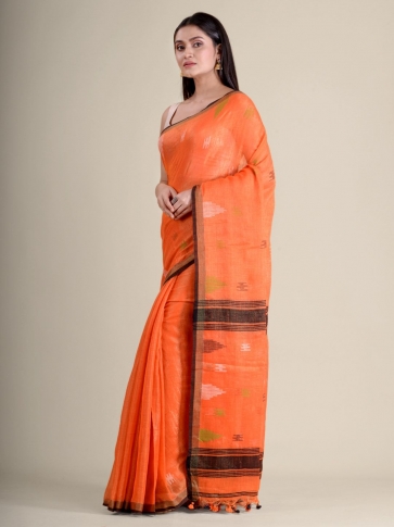 Orange soft Cotton handwoven saree with allover buti 1