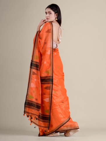Orange soft Cotton handwoven saree with allover buti 2
