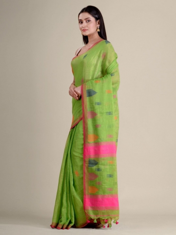 Light Green soft Cotton handwoven saree with temple border 0