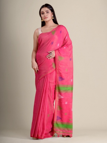 Pink soft Cotton handwoven saree with allover buti