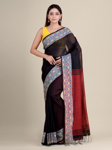 Black soft Cotton handwoven saree with geometric border