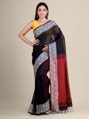 Black soft Cotton handwoven saree with geometric border 2