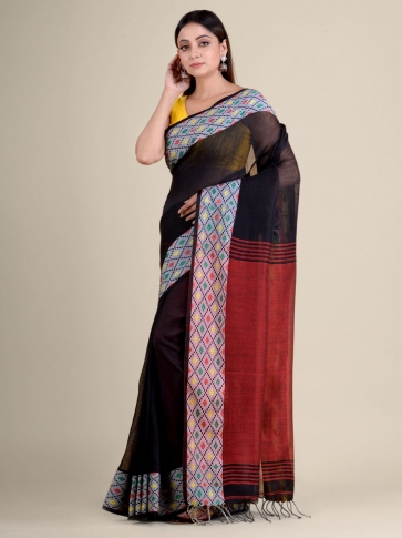 Black soft Cotton handwoven saree with geometric border 1