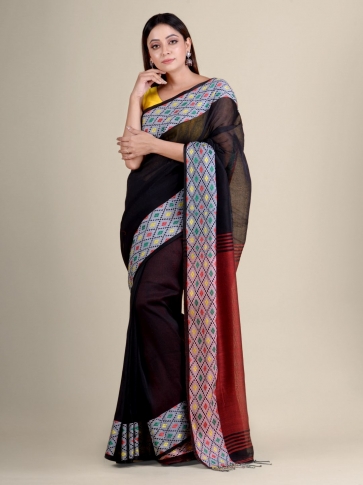 Black soft Cotton handwoven saree with geometric border 0