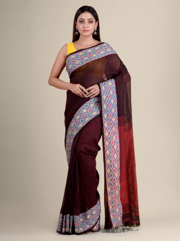 Brown soft Cotton handwoven saree with geomatric border