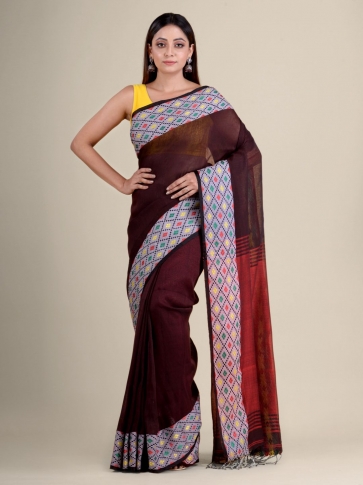 Brown soft Cotton handwoven saree with geomatric border 1
