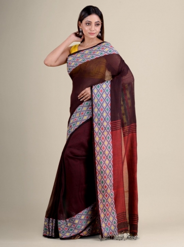 Brown soft Cotton handwoven saree with geomatric border 0
