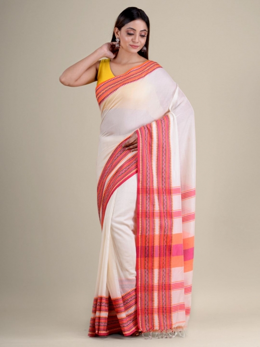 White soft Cotton handwoven saree with duel border 2