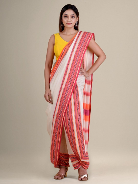 White soft Cotton handwoven saree with duel border 0