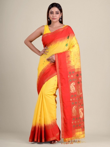 Yellow hand woven soft cotton saree with Red pallu 0