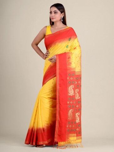 Yellow hand woven soft cotton saree with Red pallu 1