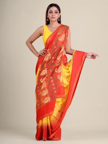 Yellow hand woven soft cotton saree with Red pallu 2