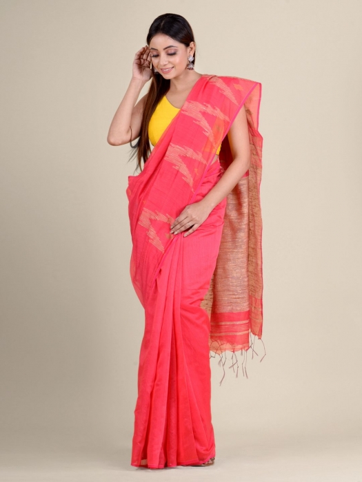 Pink soft Cotton handwoven saree with gicha in pallu 2