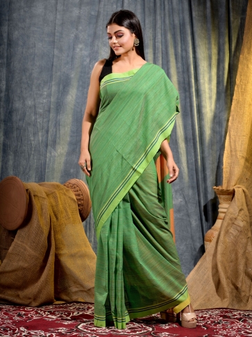 Green soft Cotton handwoven saree with Orange strip in pallu
