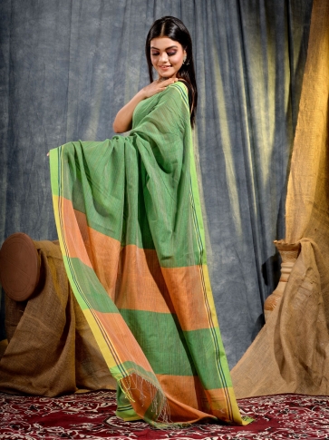 Green soft Cotton handwoven saree with Orange strip in pallu 2