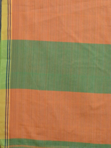Green soft Cotton handwoven saree with Orange strip in pallu 1