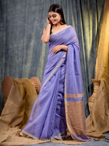 Steel Blue Silk Cotton kota checks handwoven saree with Tusser border 1
