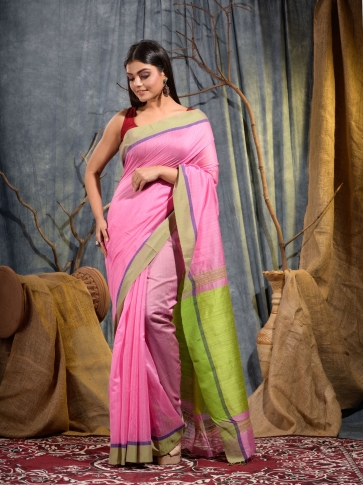 Pink Silk cotton handwoven saree with Green pallu