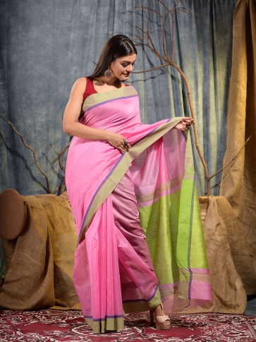Pink Silk cotton handwoven saree with Green pallu 2