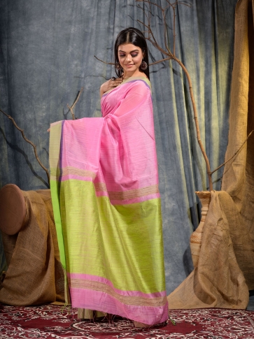 Pink Silk cotton handwoven saree with Green pallu 1