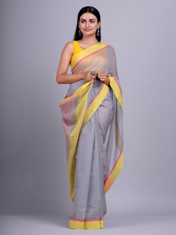 Grey Silk Cotton handwoven saree with gicha in pallu 0