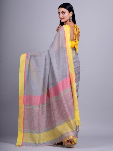 Grey Silk Cotton handwoven saree with gicha in pallu 1