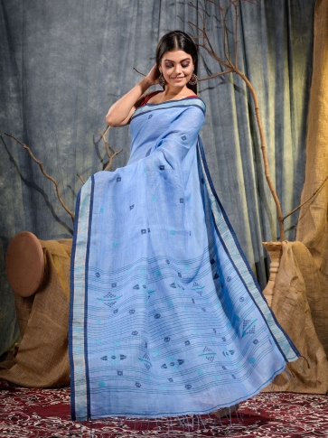 Blue handwoven pure linen saree 2