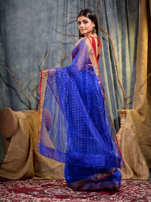 Blue Silk Matka handwoven saree with sequine 2