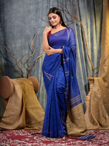 Blue Blended Cotton handwoven saree