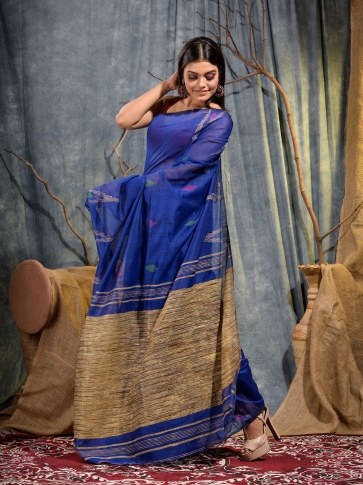 Blue Blended Cotton handwoven saree 0