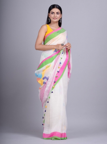 White handwoven Linen saree with birds motiff in pallu