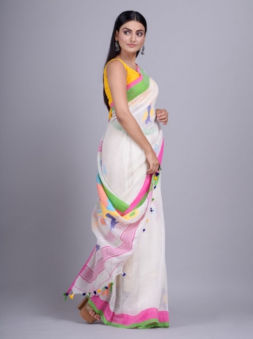 White handwoven Linen saree with birds motiff in pallu 1