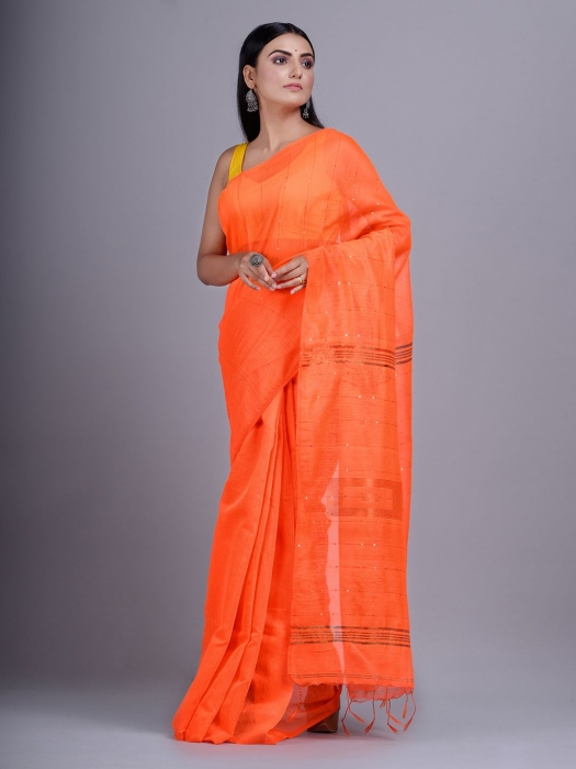 Orange Blended Cotton handwoevn saree with sequin work
