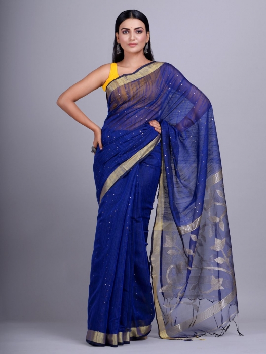 Blue Blended Cotton handwoevn saree with sequin work