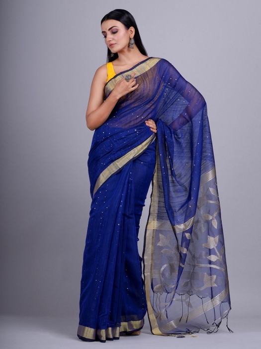Blue Blended Cotton handwoevn saree with sequin work 1
