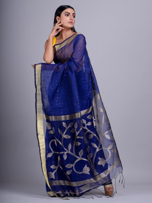 Blue Blended Cotton handwoevn saree with sequin work 0