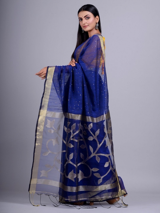 Blue Blended Cotton handwoevn saree with sequin work 2