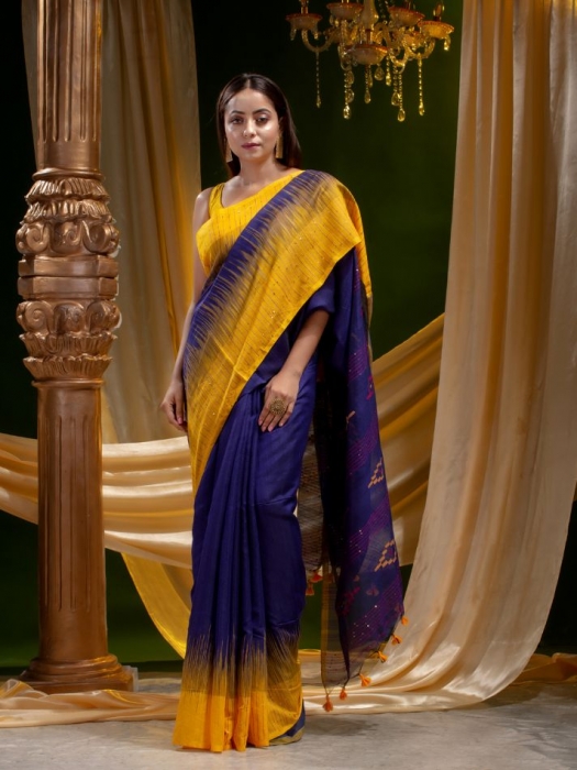 SILK COTTON TYE AND DYE HAND WOVEN SAREE WITH SEQUIN WORK