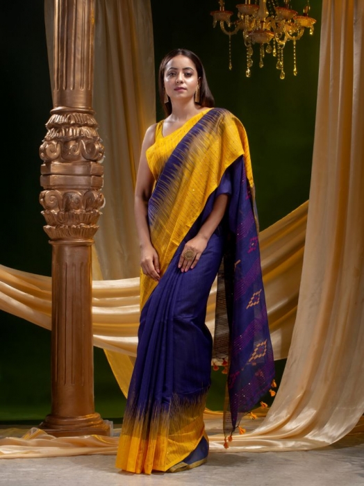 SILK COTTON TYE AND DYE HAND WOVEN SAREE WITH SEQUIN WORK 1