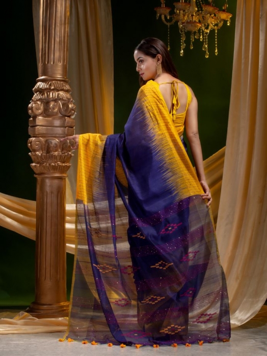 SILK COTTON TYE AND DYE HAND WOVEN SAREE WITH SEQUIN WORK 2