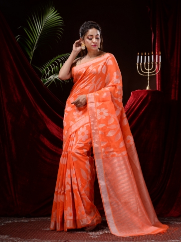 Orange Silk Cotton Jamdani work Handloom Saree