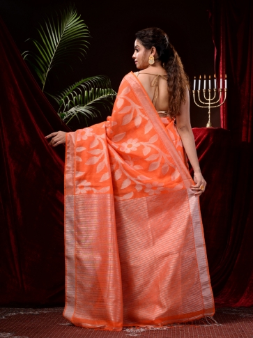 Orange Silk Cotton Jamdani work Handloom Saree 1