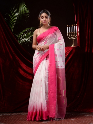 White and Pink Silk Cotton Handloom Saree