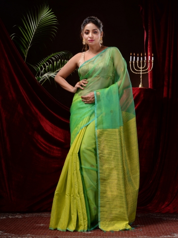 Yellow & Green Blended Matka Silk Saree