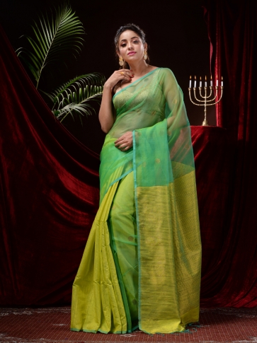Yellow & Green Blended Matka Silk Saree 0