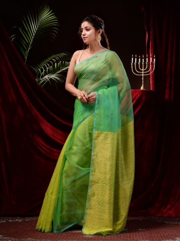 Yellow & Green Blended Matka Silk Saree 1